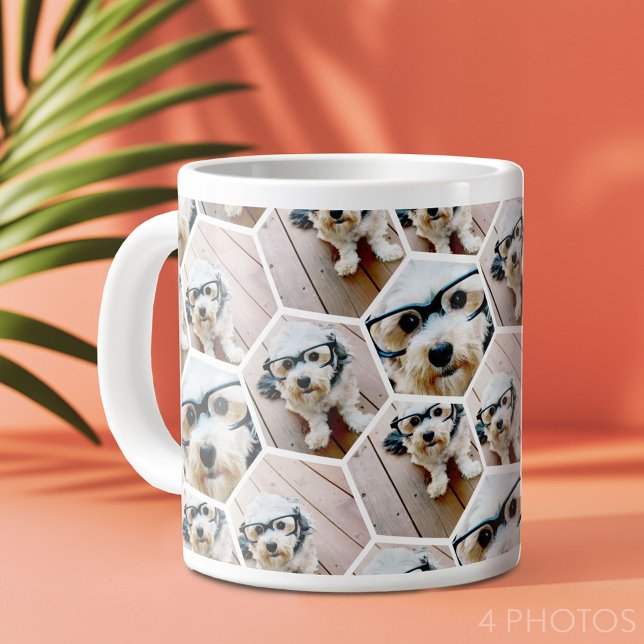 4 Fotokollage - funky hexagonmönster Jumbo Mugg (4 photo personalized coffee mug - funky hexagon pattern)