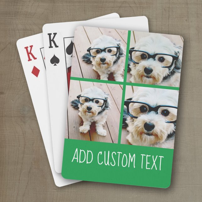 4 Fotokollage - funky text kan ändra grön Casinokort (Personalized playing cards with photos and an area for text such as a name or monogram)