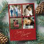 4 fotokollage God jul elegant skript röd Julkort<br><div class="desc">Elegant snyggt God jul faux guld klassiskt calligraphy-skript med fyra fyrkantiga foton från en enkel röd helgdag med anpassningsbarnas personlig på båda sidor. NOTERAR att bakgrunden till färg är redigerbar. Du kan ändra den efter att ha valt alternativet CUSTOMIZE nedåt under menyn PERSONALISERA IT. Om du inte lätt kan ändra...</div>
