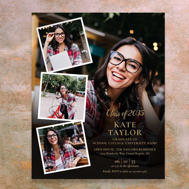 4 Fotokollage Guld Studentfest-tecken Poster (4 Photo Collage Gold Graduation Party Sign)