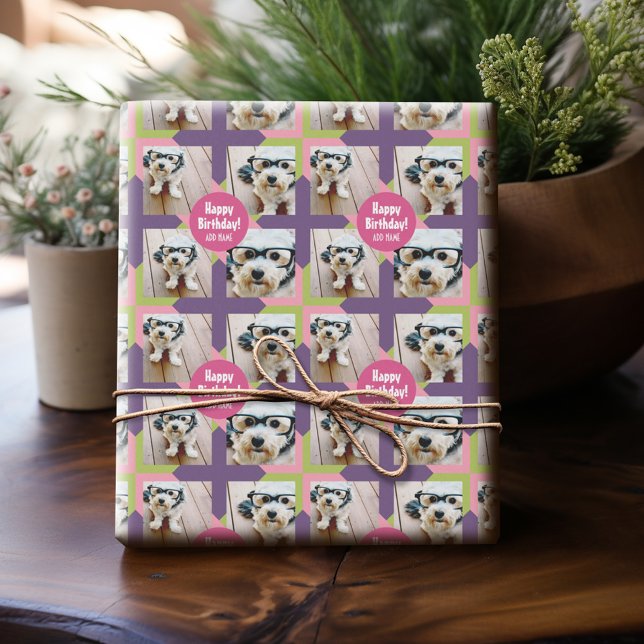 4 Fotokollage med Anpassningsbar Grattis på födels Presentpapper (Personalized Birthday Photo Wrapping Paper)