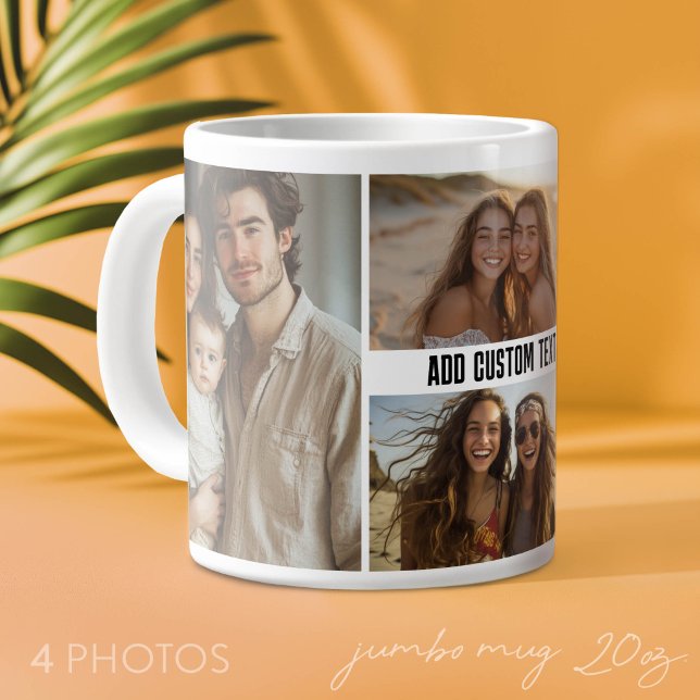 4 Fotokollage med en rad text - Minimalistisk Jumbo Mugg (Custom Photo mug with 4 Photos - Shown n on a larger 20oz size cup)