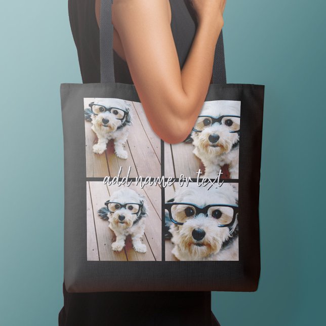 4 Fotokollage med handskriven namn - svart Axelväska (Personalized tote bag with photos collage and text)