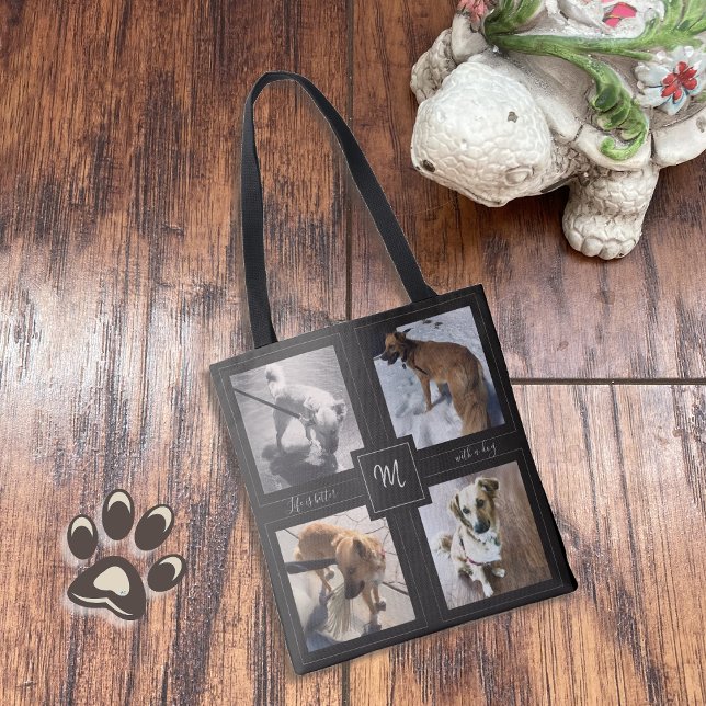 4 Fotokollage med Hund Quote Black Tote Bag Tygkasse (Skapare uppladdad)