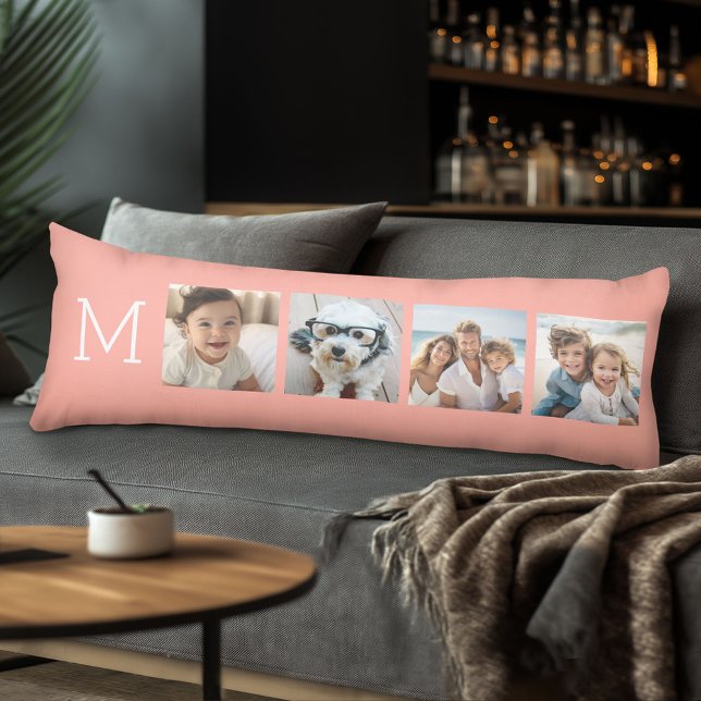 4 Fotokollage med Monogram initial - koral Kroppskudde (Body Pillow with Photo Collage)