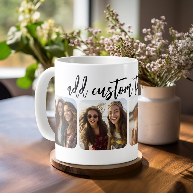 4 Fotokollage med trendigets studsskript - vitt Kaffemugg (Personalized mug with 4 photos)