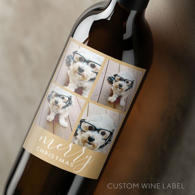 4 Fotokollage - Modern God jul guld Vinflaska Etikett (Custom Wine Bottle Label - Personalize a Sticker for a fun gift or memento)