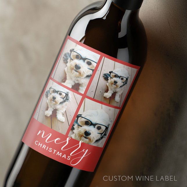 4 Fotokollage - Modern God jul red Vinflaska Etikett (Custom Wine Bottle Label - Personalize a Sticker for a fun gift or memento)