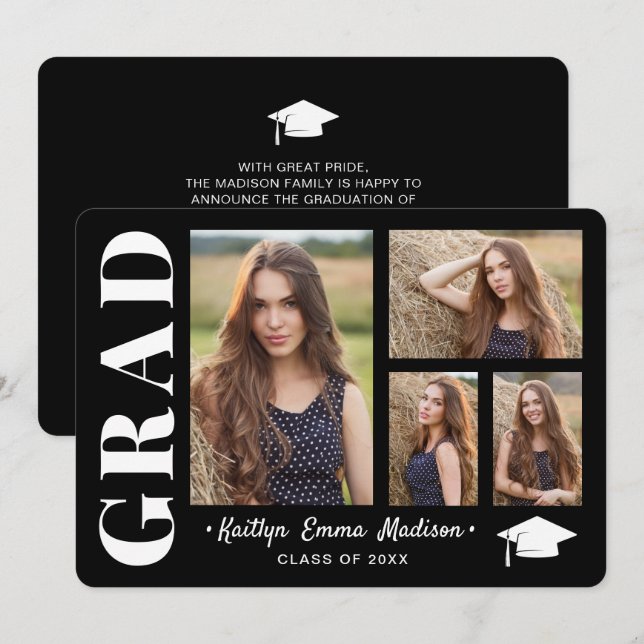 4 Fotokollage Modernt skrivsätt Svart & Vitt Exame Meddelande (Fram/baksida)