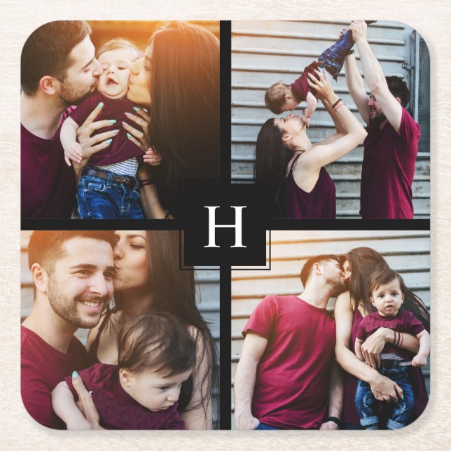 4-Fotokollage och monogram Underlägg Papper Kvadrat (Framsidan)