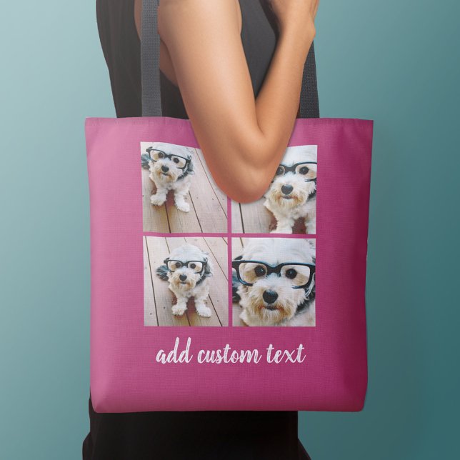 4 Fotokollage - PLOCKA DIN BAKGRUND FÄRG Tygkasse (Personalized tote bag with photos collage and text)