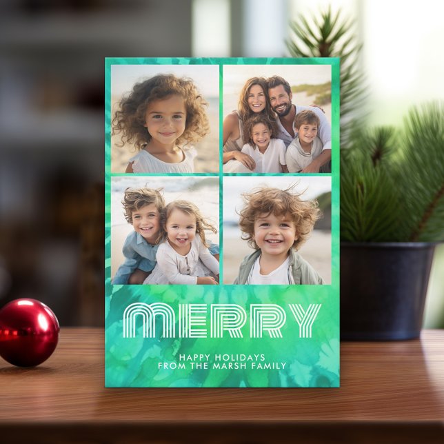 4 Fotokollage - retro MERRY - Tie-Dye Teal Julkort (Retro Tie Dye Pattern Christmas Card. Add a little color to your holiday with this online photo card)