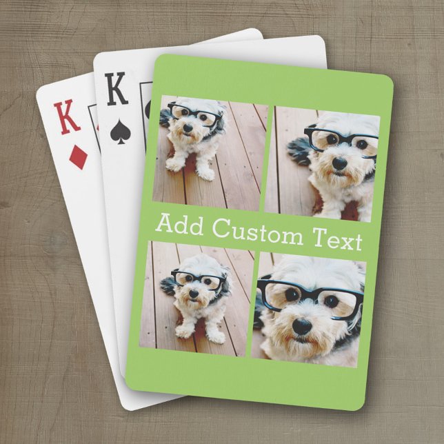 4 Fotokollage - vit serietext - limgrön Casinokort (Personalized playing cards with photos and custom text)