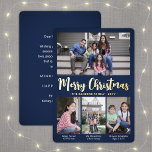 4 Fotomarin blå God jul Modern Collage<br><div class="desc">Skicka snyggt glatt hälsning och bilder med ett anpassningsbar med fyra fotokollage marint blått och guld-foliekort. All text på den här mallen är enkel att anpassa för att inkludera alla formuleringar, t.ex. God jul, Glad helg, Säsonhälsningar, nyårschecknare osv. (IMAGE PLACEMENT TIP: Ett enkelt sätt att centrera ett foto exakt som...</div>