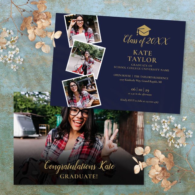 4 Fotomarin blå och Guld Studentfest Inbjudningar (4 Photo Navy Blue And Gold Graduation Party Invitation)