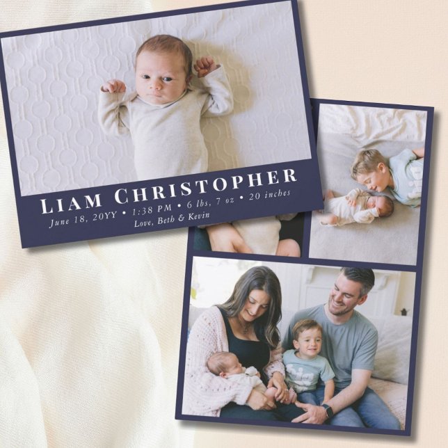 4 Fotomodern, minimalt marinblått enkelt Baby-föde Meddelande (4 Photo Modern Minimal Navy Blue Simple Baby Birth Announcement
)