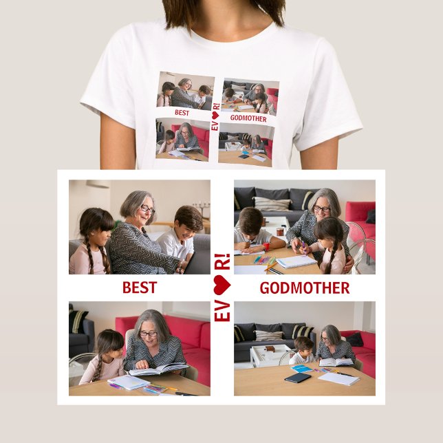 4 Foton Bästa Godmor Aldrig Heart Photo Collage T Shirt (Best Godmother Ever! Heart. Photo collage, 4 personalized photos. Elegant, modern gift Mother's Day)