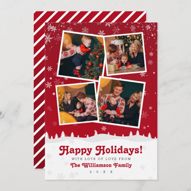 4 Foton | Cute Red & White Julgranar & Snö Inbjudningar (Fram/baksida)