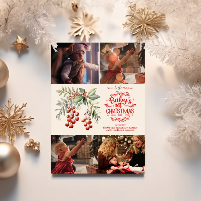 4 Foton Elegant Blommigt Baby Första jul Julkort (Skapare uppladdad)