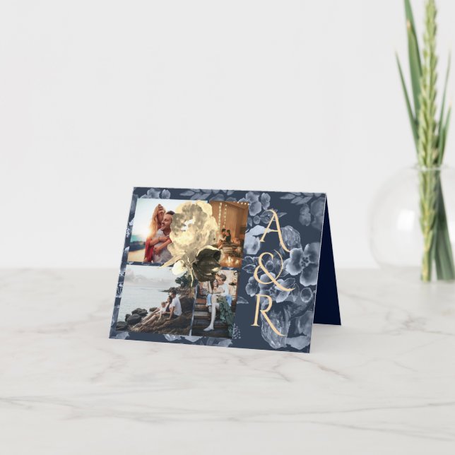 4 Foton, marinblått och gyllene Blommigten Bröllop Inbjudan (Framsida)