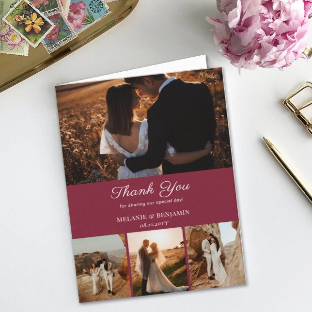 4 Foton Ro Rosa Romantic Flower - tackkort Inbjudan (4 Photos Rose Pink Romantic Flower Thank You Card)