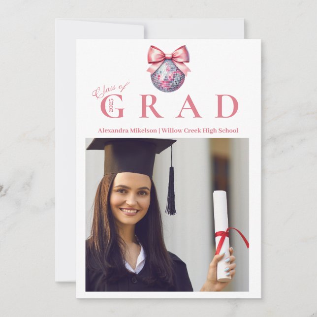 4 Foton Rosa Bow Disco Boll Studentfest Inbjudningar (Framsida)