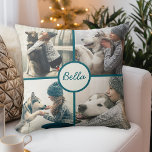 4 Fotopat Pet-Personlig med Namn Kudde<br><div class="desc">Visa fyra av dina favoritfoton med den här anpassningsbarnas hund-fotomallens accentkudde. Den innehåller fyrkantiga bilder av hund och en textmall som kan anpassas efter namn. I centrum med tealnätet och husdjuret namn är baksidan av kudden en solid teal färg. Det är ett underbart sätt att njuta av favoritfoton från dina...</div>