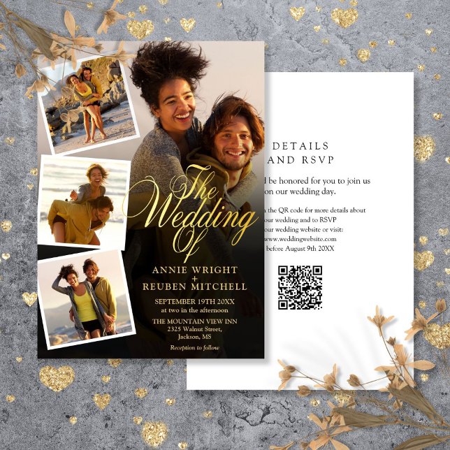 4 Fotos Collage Guld Skrift QR-kod Bröllop Inbjudningar (4 Photo Collage Gold Script QR Code Wedding Invitation)