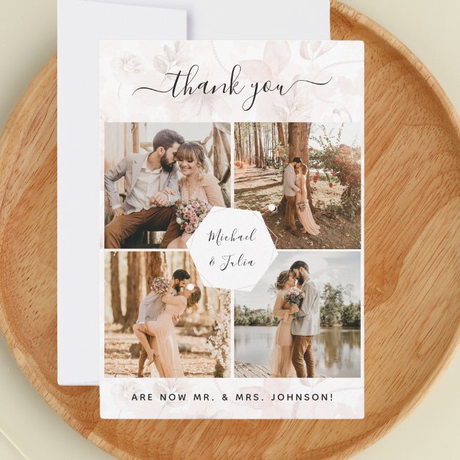 4 Fotos Collage Rosa Blommig Bröllop Tacksamhet Tack Kort (Skapare uppladdad)