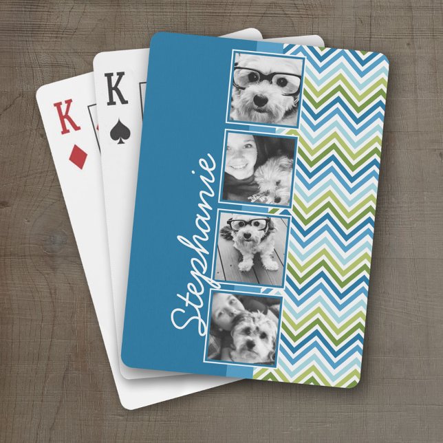4 Fotos Kollage - Färgglada Blå och Gröna Chevrons Kortlek (Personalized Playing Cards)