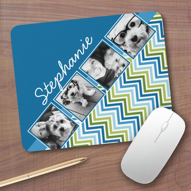 4 Fotos Kollage - Färgglada Blå och Gröna Chevrons Musmatta (Personalized mousepad - Add Photos and Custom Text)