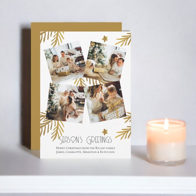 4 Fotosäsongens julmall för hälsningar Julkort (4 Photo Season's Greetings Christmas template cards from Ricaso. Mustard gold foliage and stars)
