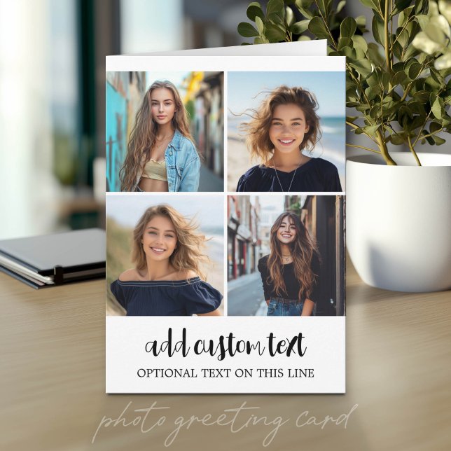 4 Fotoskollage - 2 rader text - Kan redigera färge Kort (Photo Greeting Card)