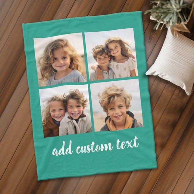 4 Fotoskollage - du kan ändra bakgrundsfärg Fleecefilt (Personalized fleece blanket with 4 photos and custom text)
