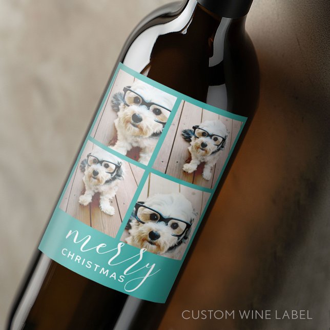 4 Fotoskollage - Modernt God Jul akvatblå Vinflaska Etikett (Custom Wine Bottle Label - Personalize a Sticker for a fun gift or memento)