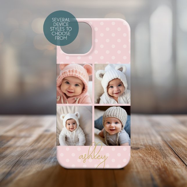 4 Fotoskollage - rosa prickar, Guldskrift (Personalized Phone Cover with Photos)