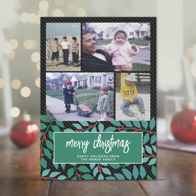 4 Fotosmontage - Glad jul botanisk svart Julkort (4 photo collage - Holiday Christmas Card)