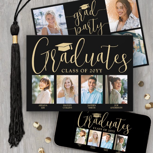 4 Grads Bilder Gemensam Studentfest Svart & Guld Inbjudningar (Skapare uppladdad)