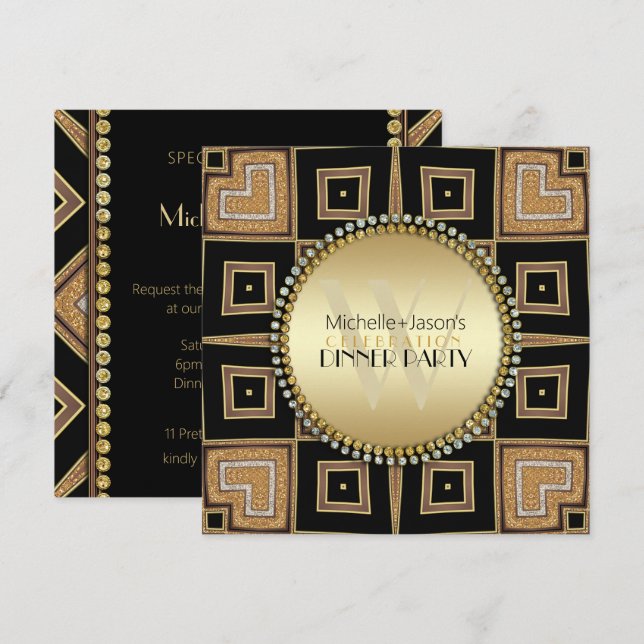 4 hörn av kärlek Svart Guld Art Deco Middagskväll Inbjudningar (Fram/baksida)