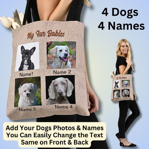 4 Hundar, 4 Namn, Kan ändra text, Hund foto Tygkasse