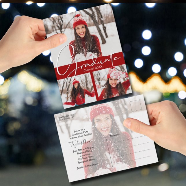 4 Inbjudan till fotokardinal Red Studentfest (4 Photo Cardinal Red Graduation Party Invitation Postcards)