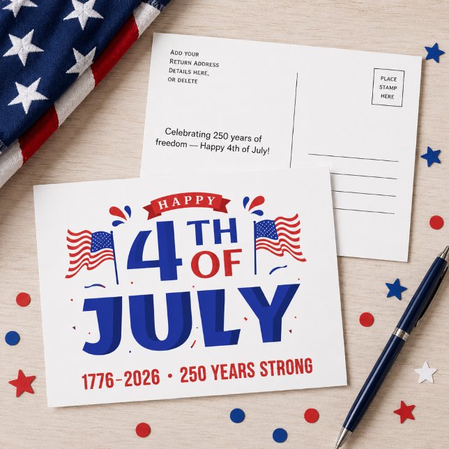 4 juli 250 år av frihet 1776 2026 vykort (Editable text on front & reverse to personalize your greeting)