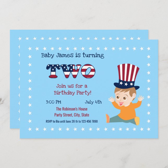 4 juli 2:a födelsedag Pojke Party Inbjudningar (Fram/baksida)