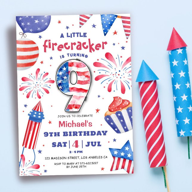 4 juli 9:e födelsedagen: Patriotic Cute Inbjudningar (Skapare uppladdad)