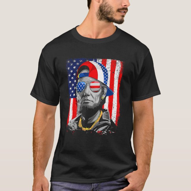 4 juli Abraham Lincoln Merica American Flagga B T Shirt (Framsida)