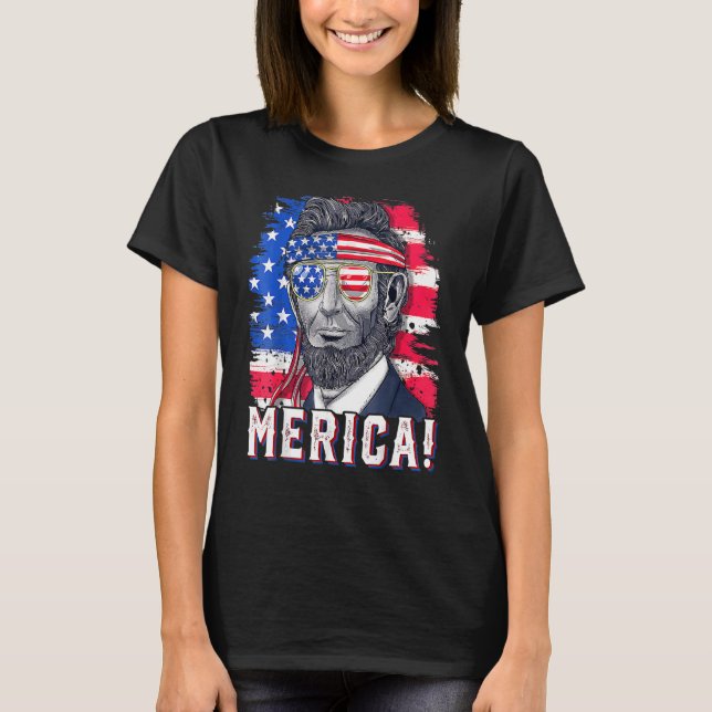 4 juli Abraham Lincoln Sunglasses American Fl T Shirt (Framsida)