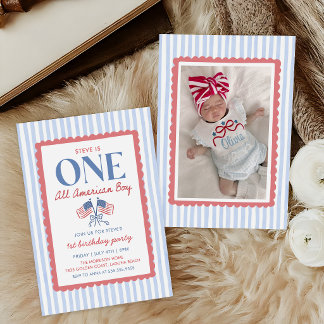 4 juli All American Pojke 1-års födelsedagsfoto Inbjudningar