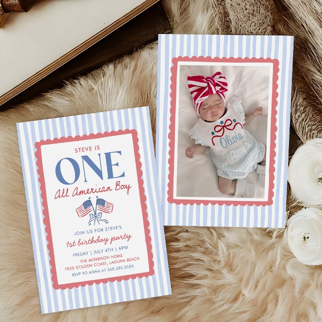 4 juli All American Pojke 1-års födelsedagsfoto Inbjudningar (Skapare uppladdad)
