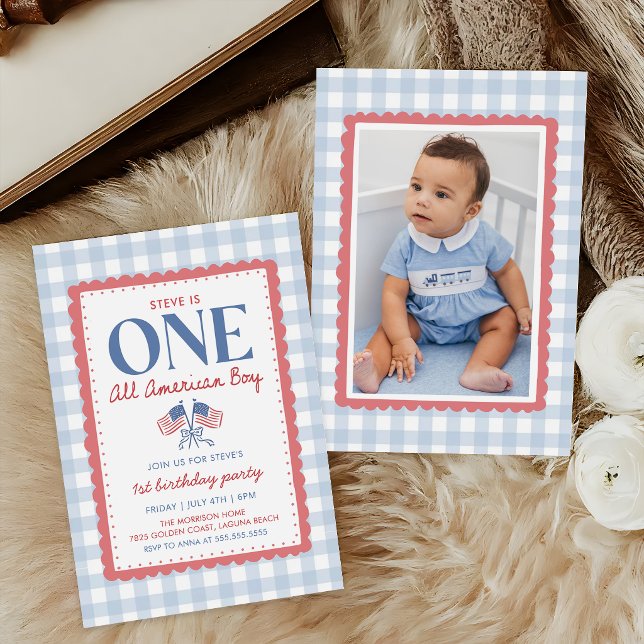 4 juli All American Pojke 1-års Födelsedagsfoto Inbjudningar (Skapare uppladdad)