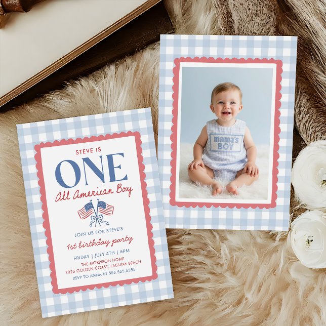 4 juli All American Pojke 1-års Födelsedagsfoto Inbjudningar (Skapare uppladdad)